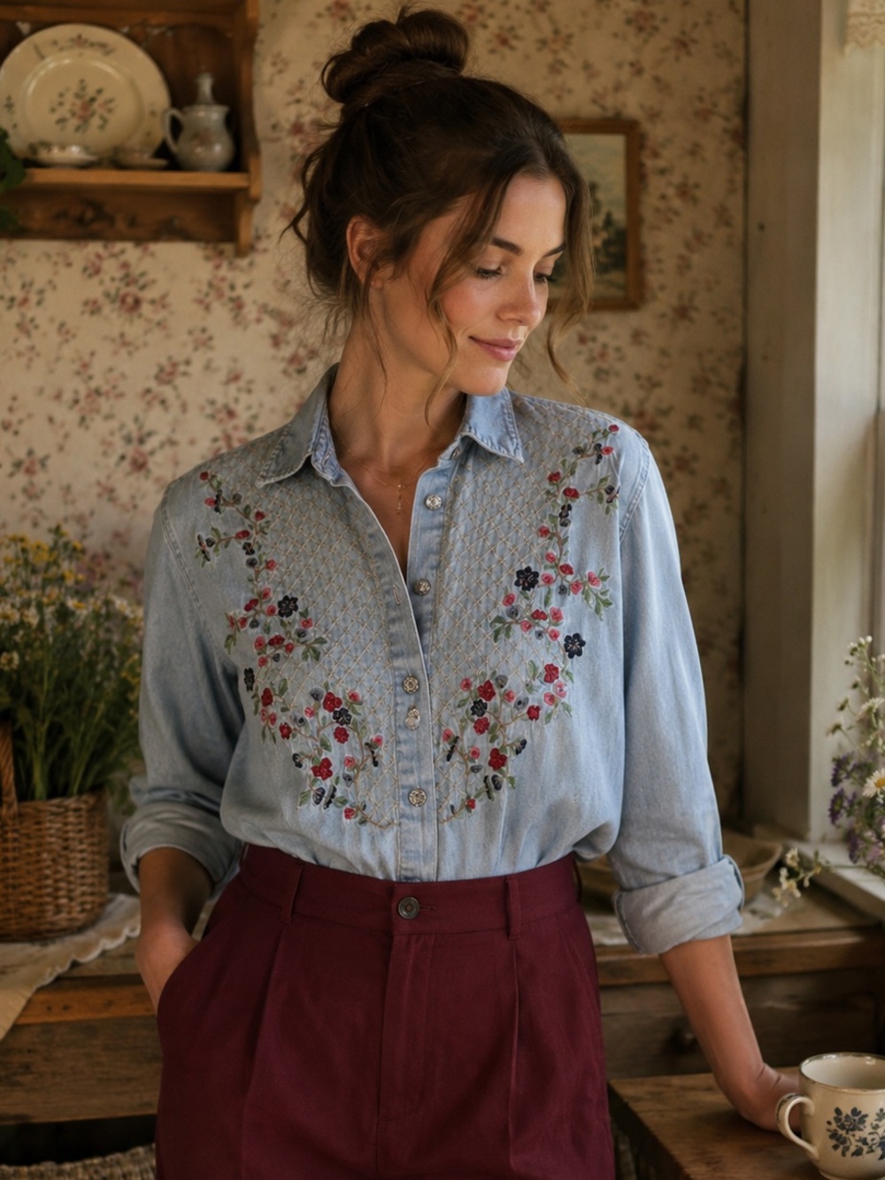 VTG Floral Embroidered Blue Long Sleeve Collared Button Up Top Small